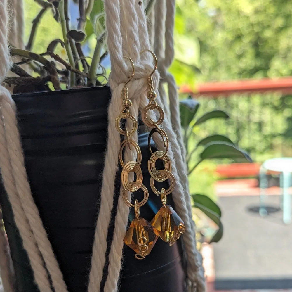 Gold & Czech Glass Earrings Mini Hoops Spiral Amber Artisan Wrapped Cute Unique - Picture 3 of 7